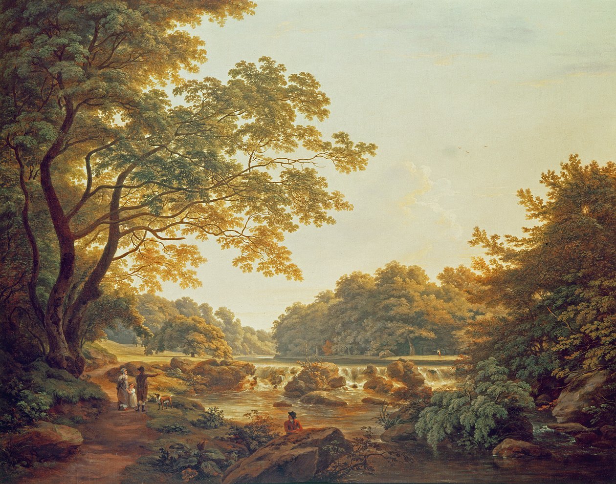 Figure vicino a una diga sul fiume Clodiagh a Charleville Forest, Contea di Offaly, 1801 da William Ashford