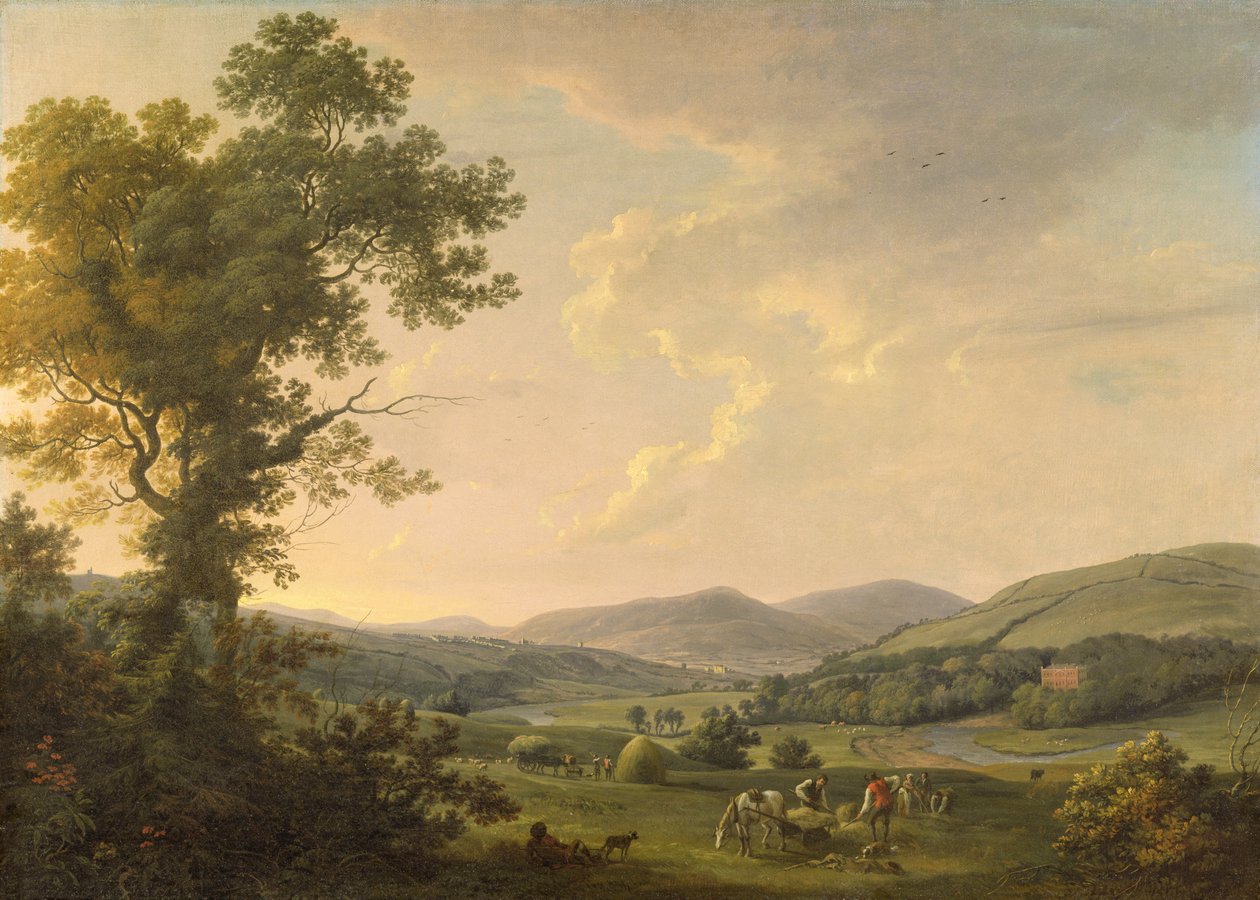 Paesaggio con mietitori e una vista lontana di una casa georgiana da William Ashford