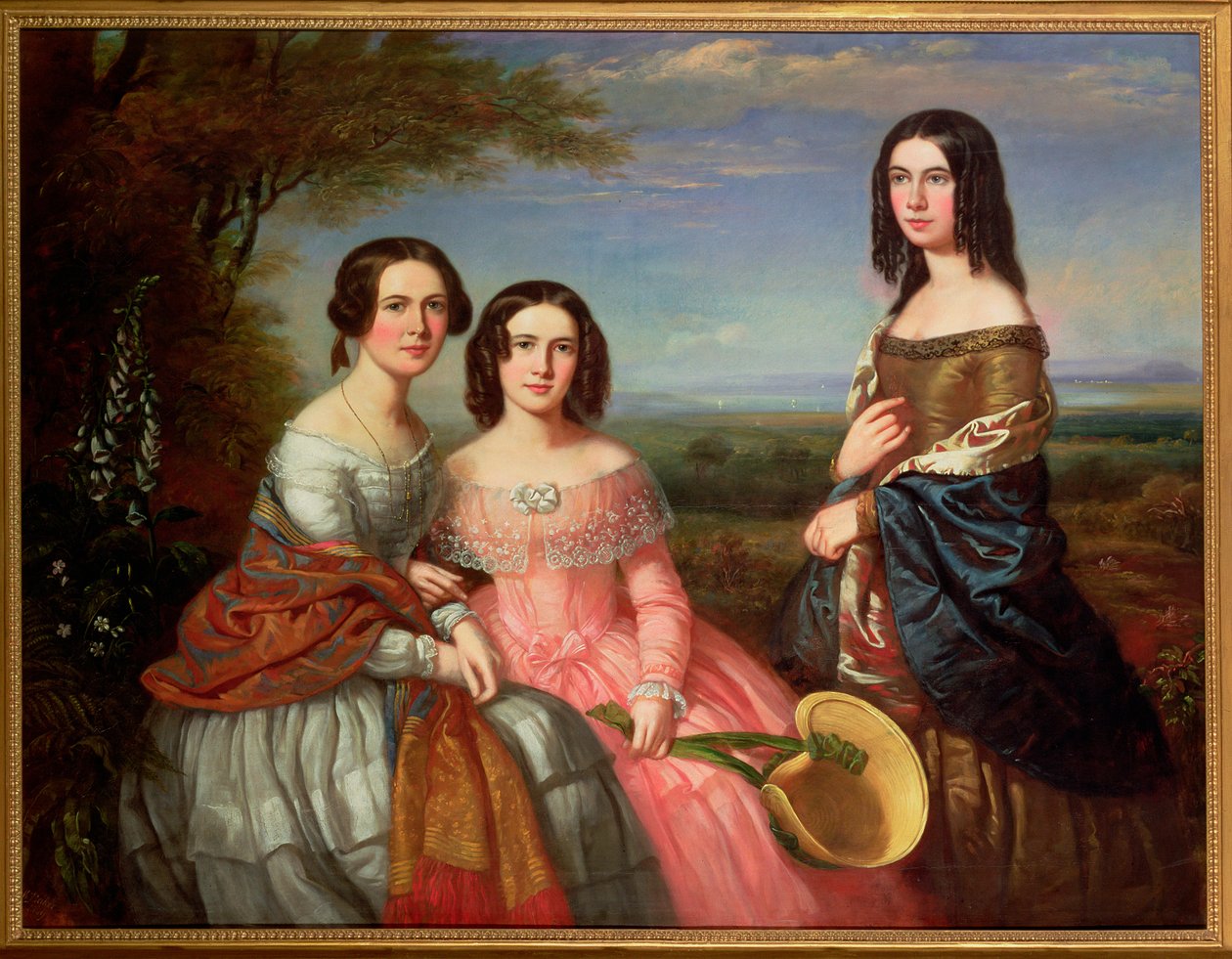 Un ritratto di gruppo di tre ragazze, tre quarti di lunghezza, in un paesaggio, 1849 da William Baker
