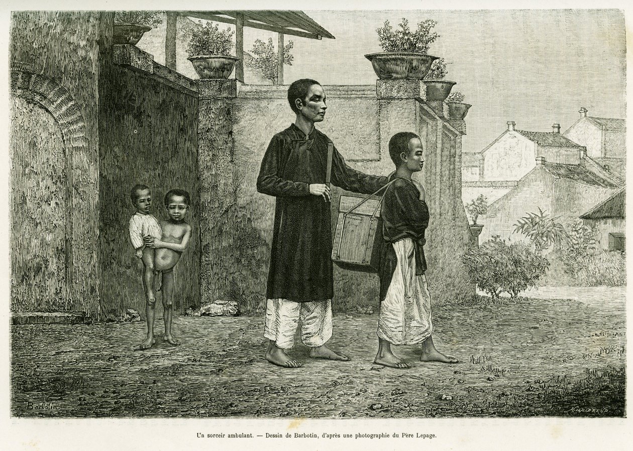 Un mago ambulante, un massaggiatore cieco. Incisione di Barbotin, per illustrare la storia Trenta mesi al Tonchino, nel 1884, del Dottor Paul Hocquard, in le tour du monde 1890, sotto la direzione di Edouard Charton (1807-1890), Hachette, Parigi da William Barbotin