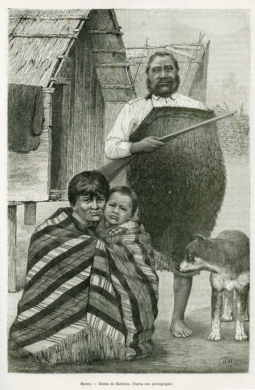 Tre generazioni di Maori. Incisione di Barbotin, per illustrare la storia Voyage a la Nouvelle Zelande, nel 1889, di G.Verschuur, in le tour du monde 1890, diretto da Edouard Charton (1807-1890), Hachette, Parigi. da William Barbotin