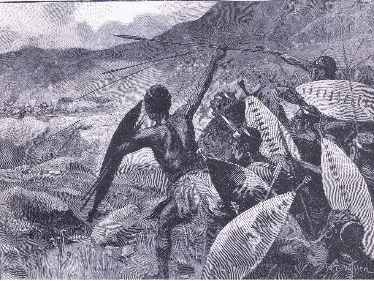 Combattimento nelle colline di Matoppo: carica dei Matabele, illustrazione da Cassells History of England, 1900 da William Barnes Wollen