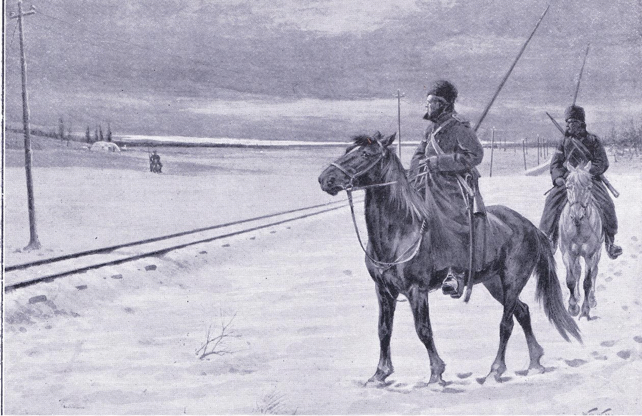 Sorveglianza della ferrovia vicino a Mukden, illustrazione da Cassells History of the Russo-Japanese War Vol 1, c.1900 da William Barnes Wollen
