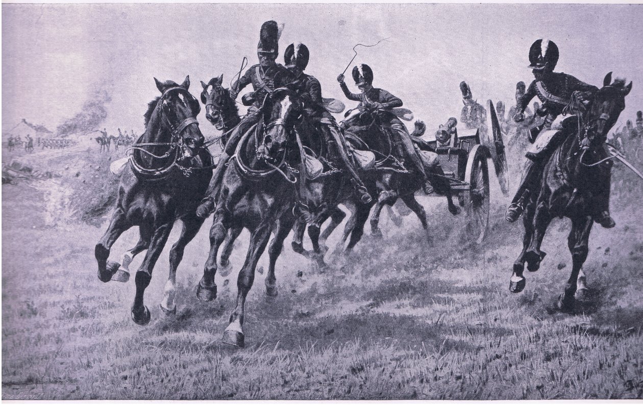 Cannoni in prima linea: Waterloo, 18 giugno 1815, illustrazione da British Battles on Land and Sea, 1915 da William Barnes Wollen