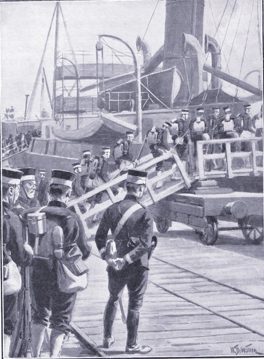 Truppe giapponesi che si imbarcano a Kobe, illustrazione da Cassells History of the Russo-Japanese War Vol 1, c.1900 da William Barnes Wollen
