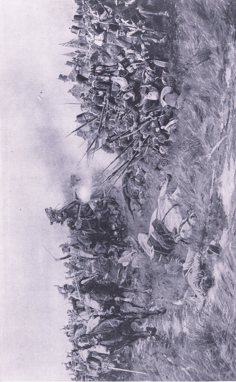 Il 28º Reggimento di Gloucester riceve la cavalleria francese a Waterloo, 18 giugno 1815, illustrazione da British Battles on Land and Sea, 1915 da William Barnes Wollen