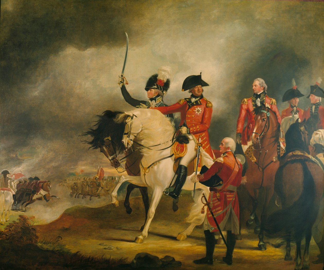 Re Giorgio III passa in rassegna il reggimento dei dragoni leggeri del principe di Galles, accompagnato dal principe di Galles, dal duca di York e da altri ufficiali generali da William Beechey