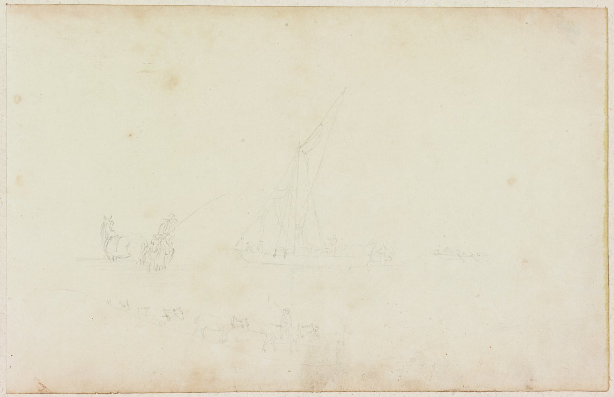 Schizzo di barca a remi e cavaliere con fila di cavalli da William Beilby