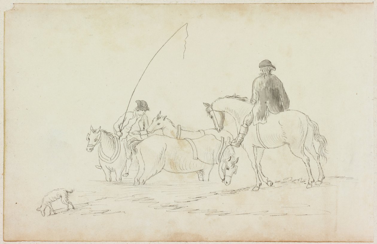 Due uomini a cavallo con due cavalli e un cane da William Beilby
