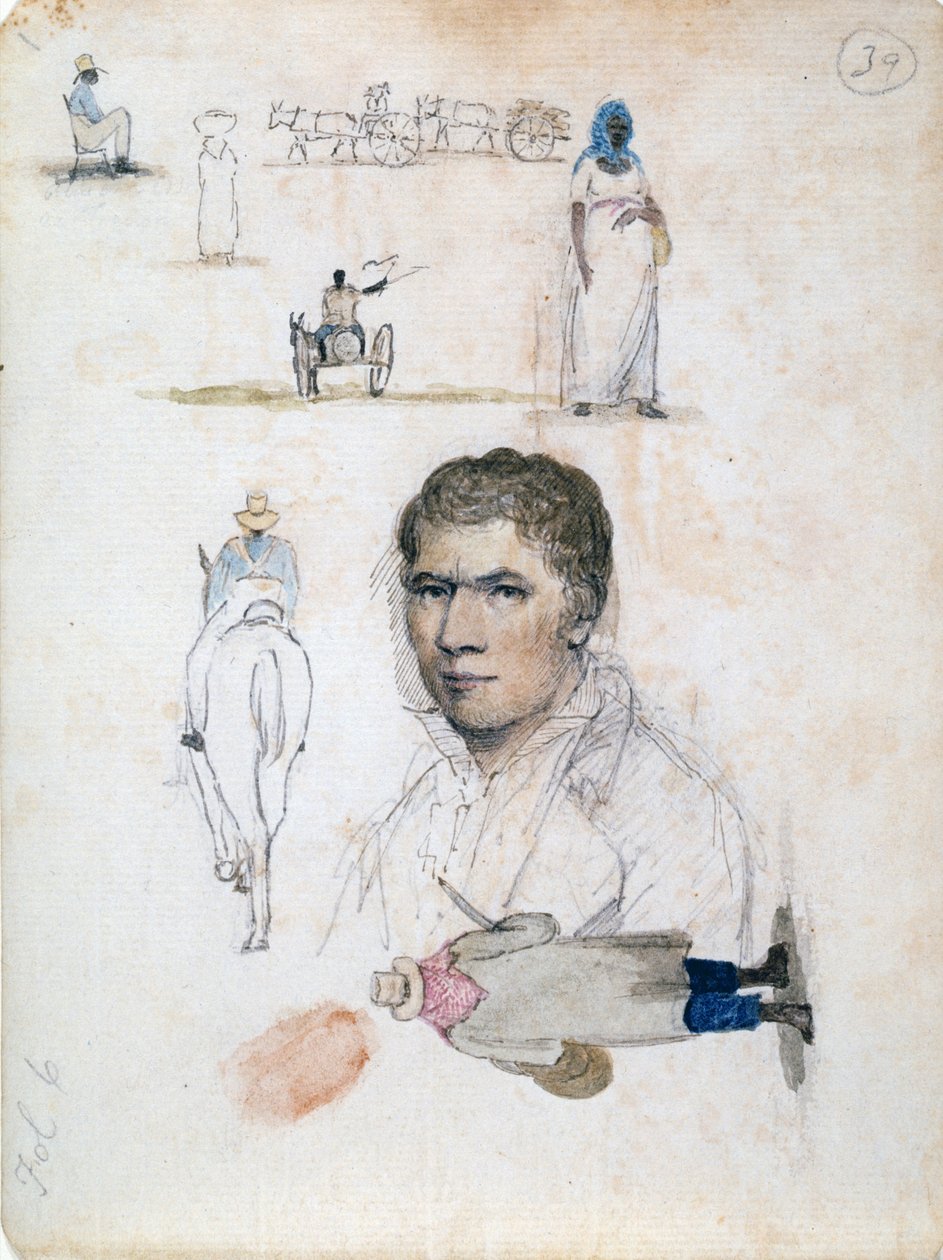 Otto piccoli disegni, tra cui ritratto, studi di figure, carri, dell