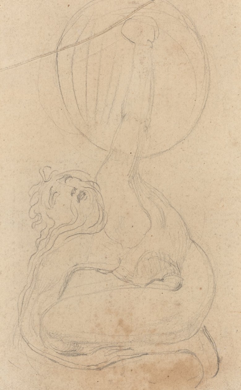 Una figura accovacciata che tiene uno scudo da William Blake