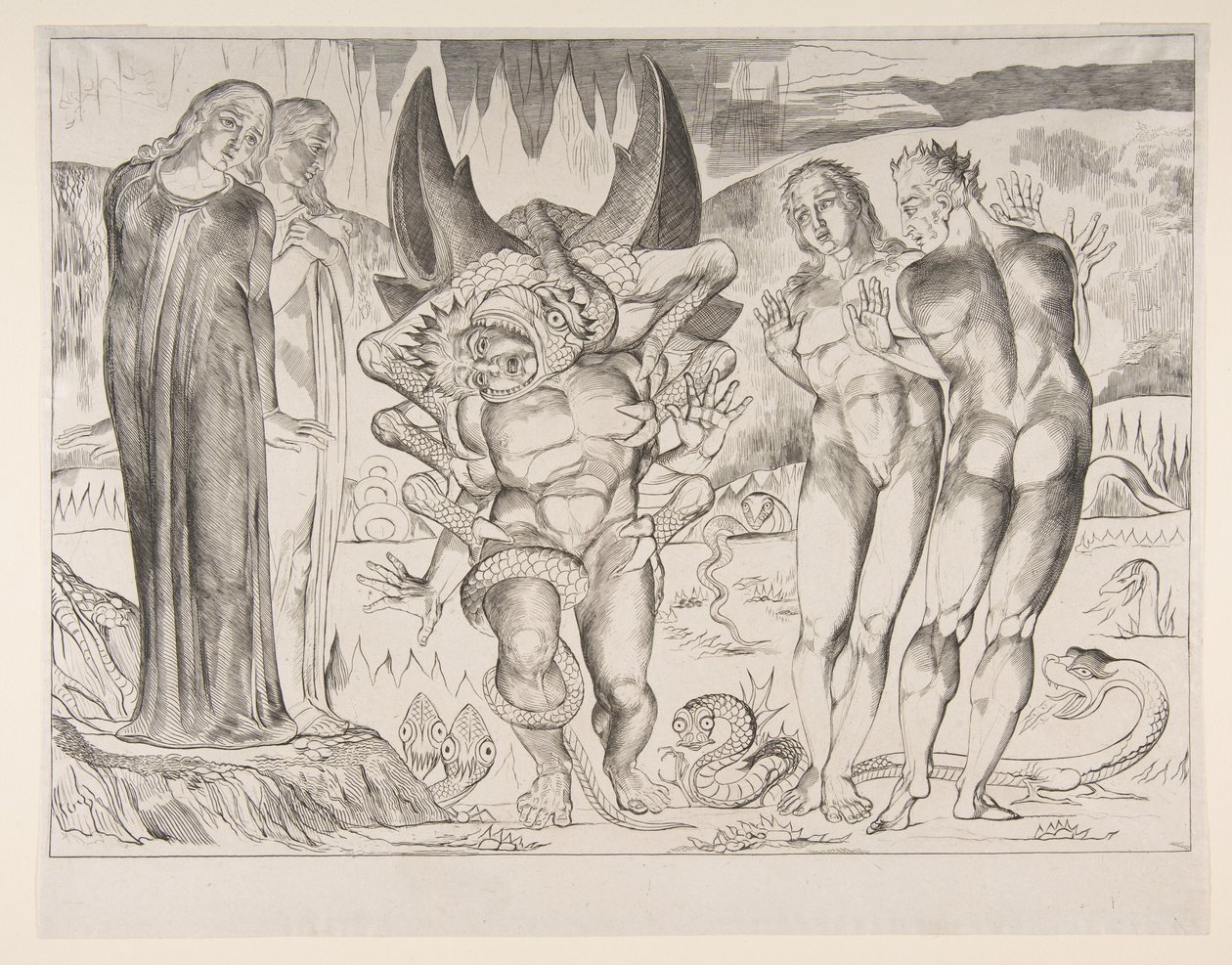 Cerchio dei ladri: Agnello Brunelleschi attaccato da un serpente a sei zampe, da Dan da William Blake