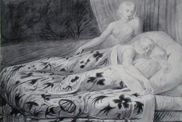 Har e Heva addormentati con Mnetha che li guarda, illustrazione da 