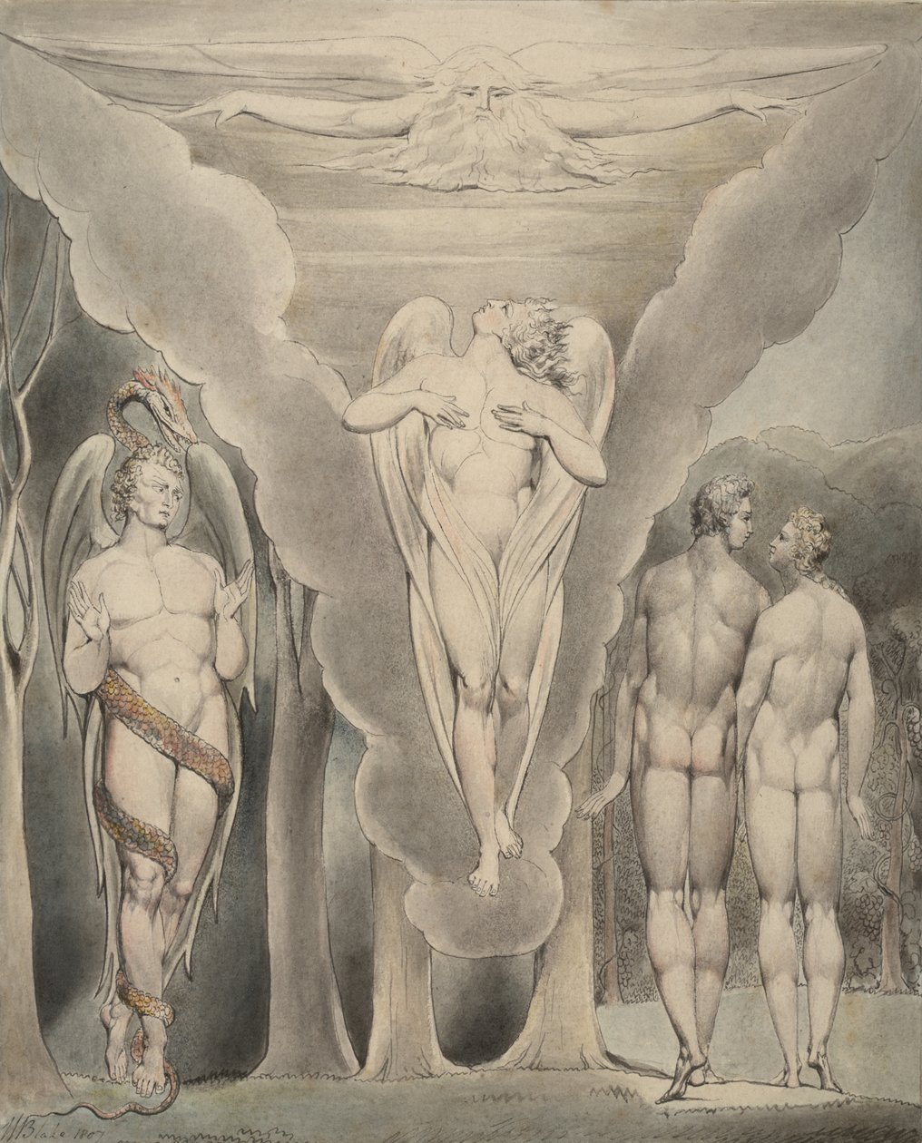 Illustrazione 4 per il "Paradiso Perduto" di Milton: Satana spia Adamo ed Eva e la discesa di Raffaele nel Paradiso da William Blake