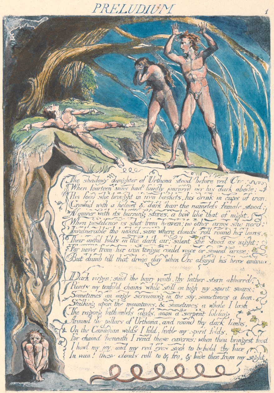 Präludium. "Die schattenhafte Tochter von Urthona stand vor dem roten Orc..." (Platte 3) da William Blake