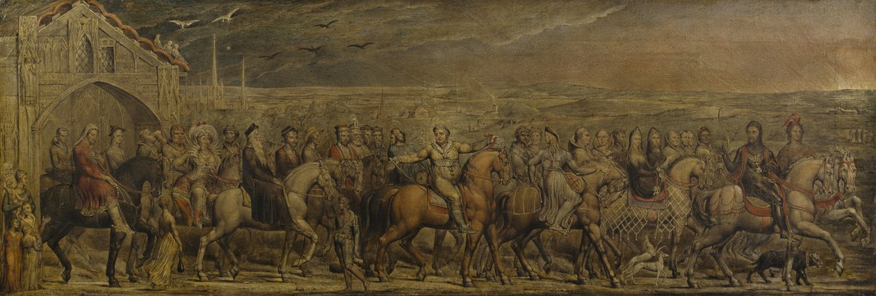 Sir Jeffrey Chaucer (c.1342-1400) e i Ventinove Pellegrini nel loro Viaggio a Canterbury da William Blake
