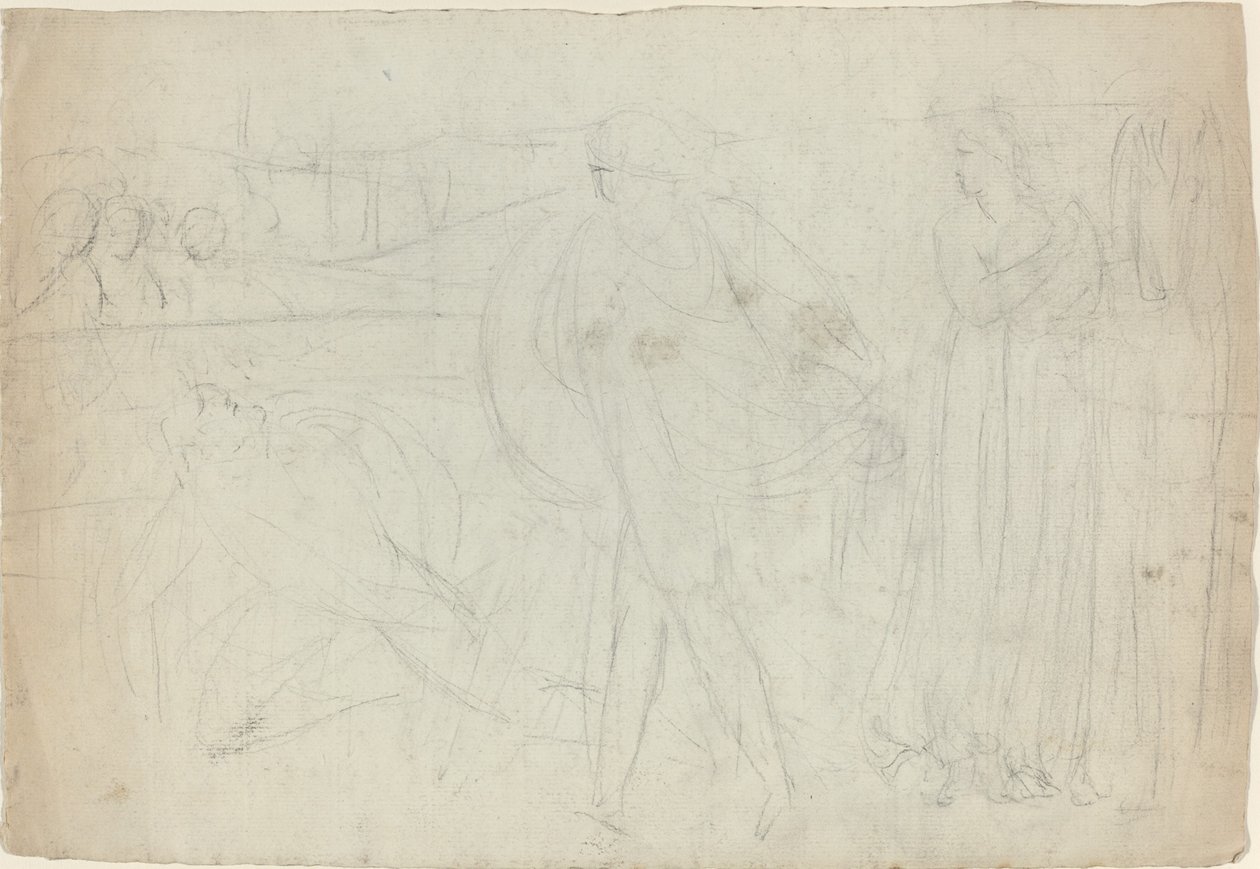 Schizzo di uno spadaccino in piedi sopra il suo avversario sconfitto [recto] da William Blake