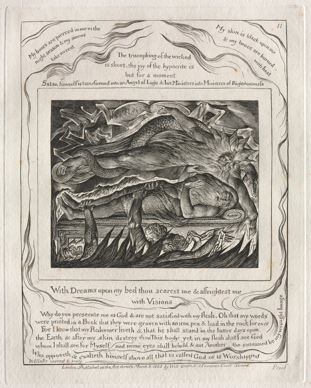 Il libro di Giobbe: Pl. 11, Con sogni sul mio letto mi spaventi e mi terrorizzi..., 1825 da William Blake