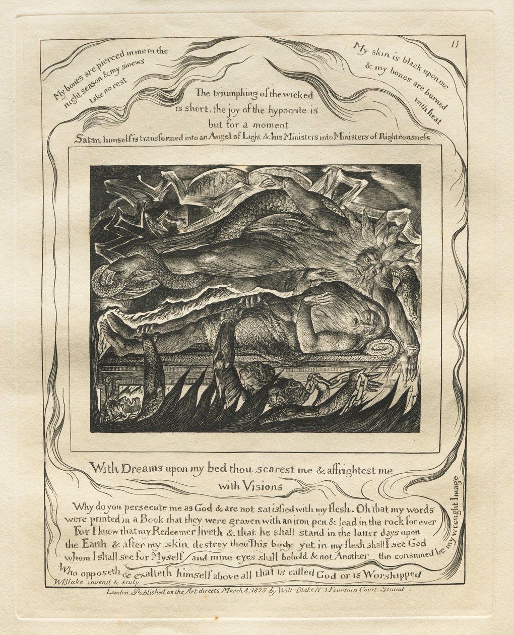 Il libro di Giobbe: Pl. 11, Con sogni sul mio letto mi spaventi e mi terrorizzi..., 1825 da William Blake