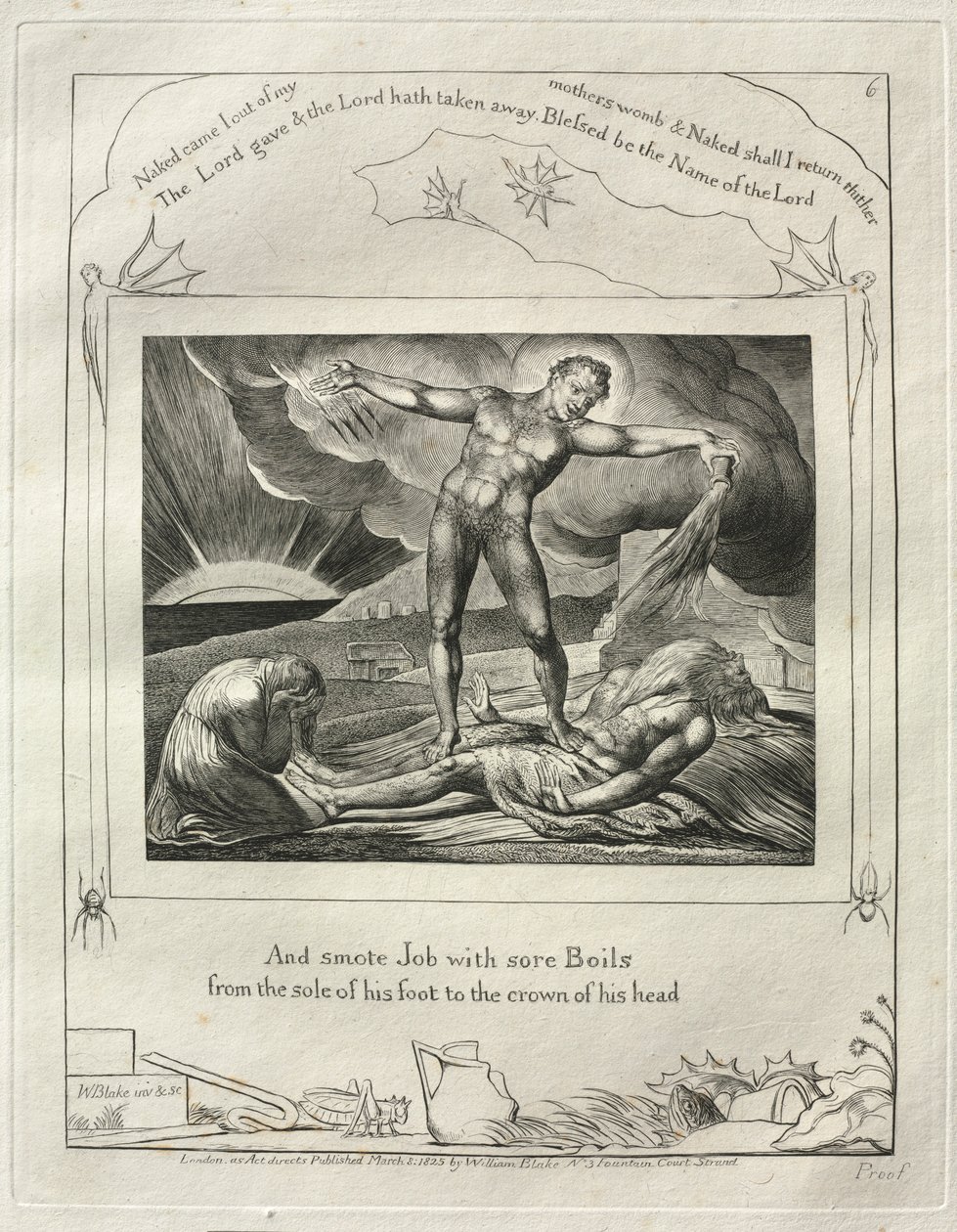 Il Libro di Giobbe: Pl. 6, E colpì Giobbe con piaghe dolorose dalla pianta del piede..., 1825 da William Blake