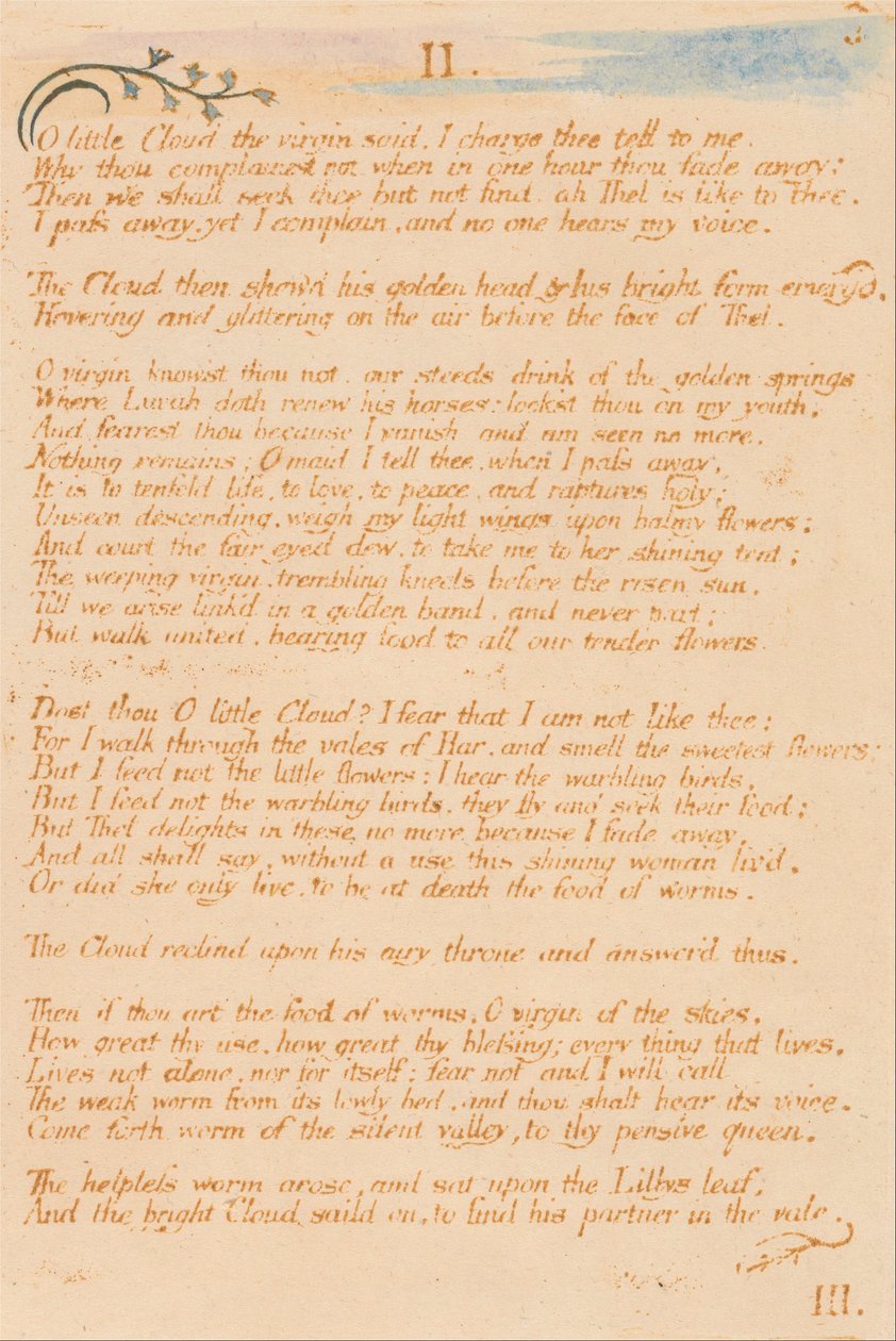 Il Libro di Thel, Tavola 5, II., O piccola Nuvola... da William Blake
