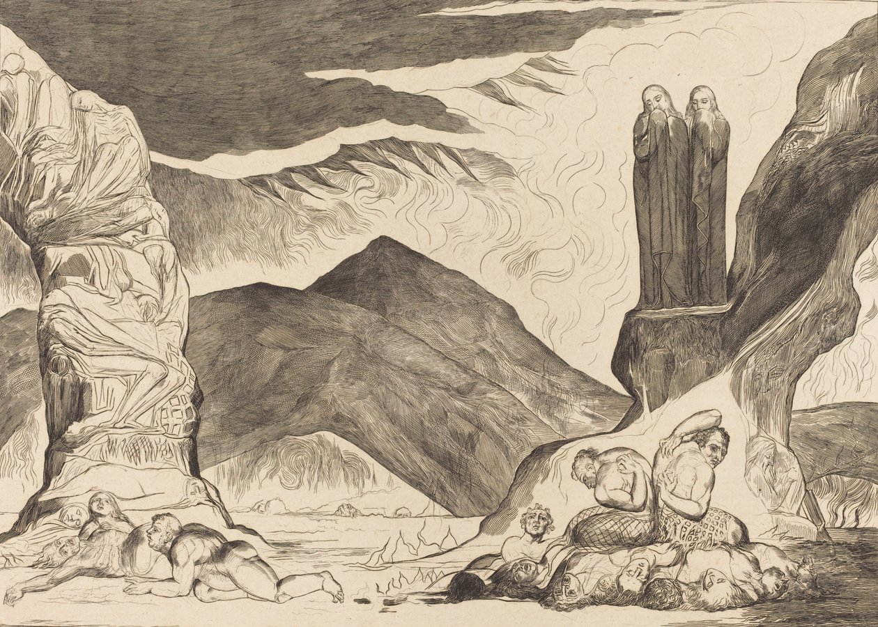 Il Cerchio dei Falsificatori: Dante e Virgilio si Coprono il Naso a causa del Fetore, 1827 da William Blake