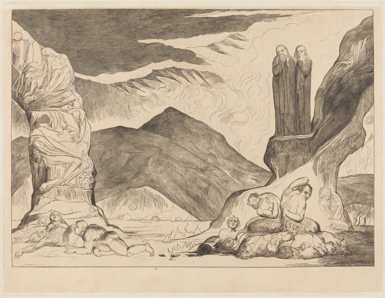 Il cerchio dei falsari: Dante e Virgilio che si tappano il naso a causa dell’odore da William Blake
