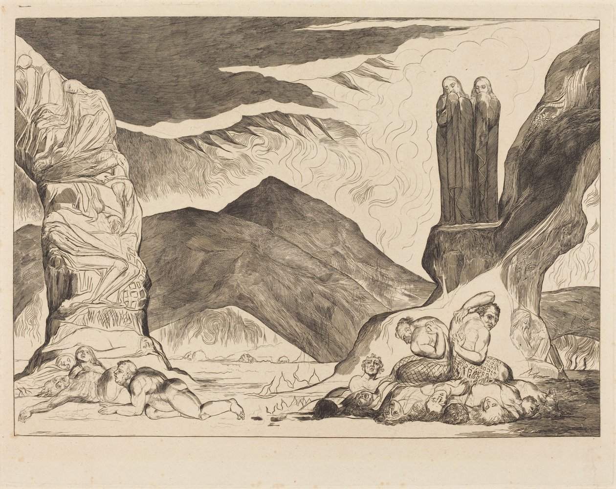 Il cerchio dei falsari: Dante e Virgilio si coprono il naso a causa del fetore da William Blake