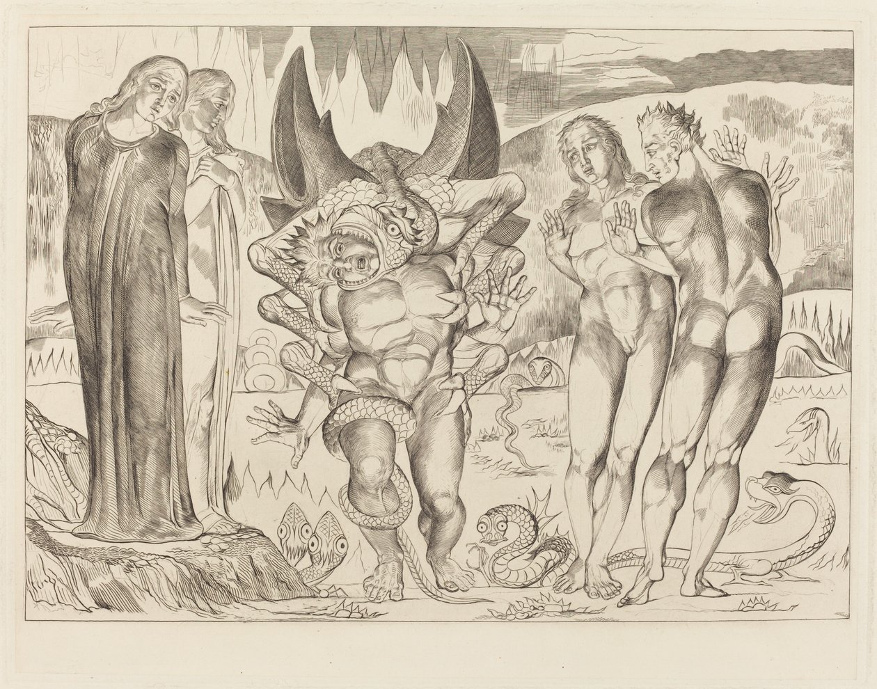 Il Cerchio dei Ladri; Agnolo Brunelleschi Attaccato da un Serpente a Sei Zampe da William Blake