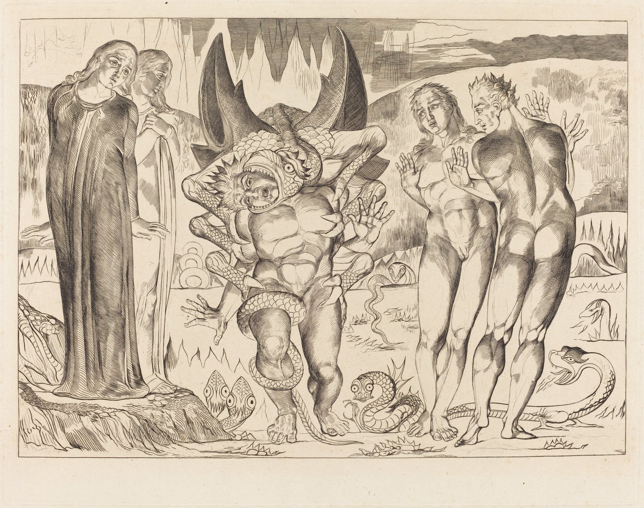 Il Cerchio dei Ladri; Agnolo Brunelleschi Attaccato da un Serpente a Sei Zampe da William Blake