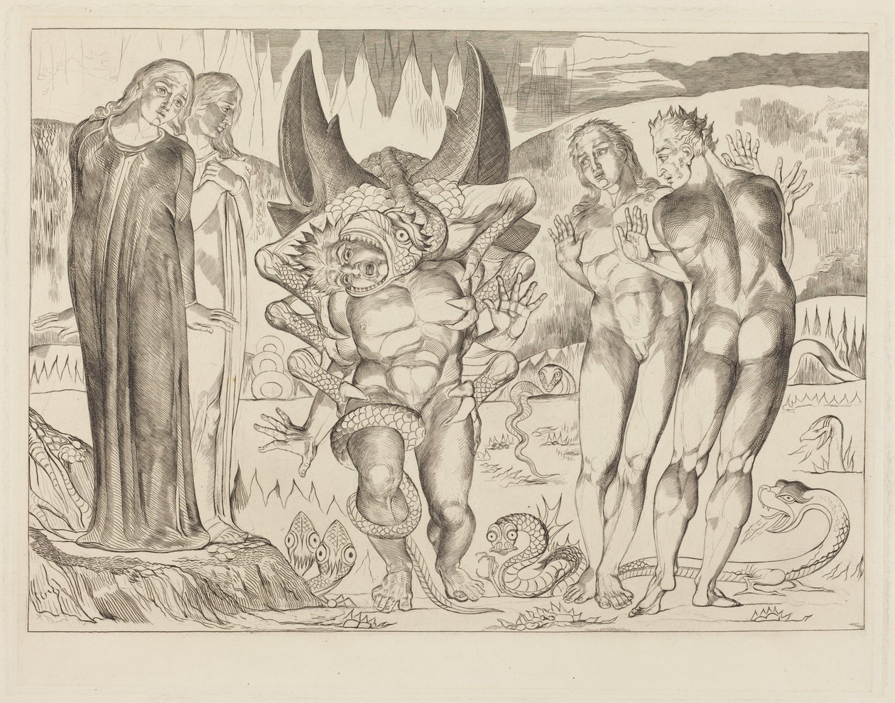 Il cerchio dei ladri; Agnolo Brunelleschi attaccato da un serpente a sei zampe da William Blake
