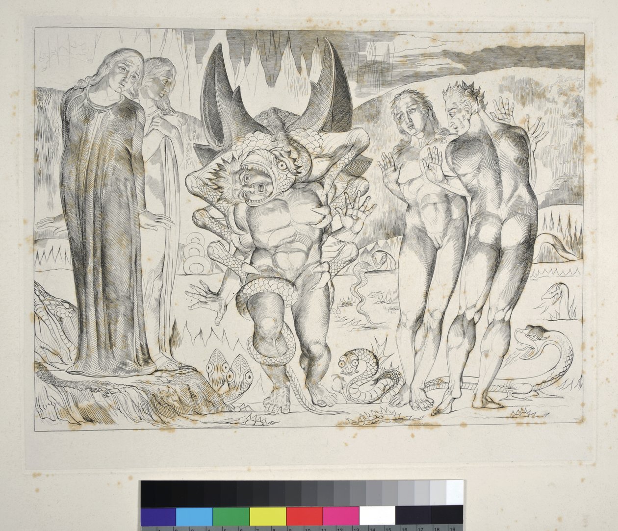 Il cerchio dei ladri: Agnolo Brunelleschi attaccato da un serpente a sei zampe. Inferno, Canto XXV, illustrazione alla Divina Commedia di Dante Alighieri da William Blake