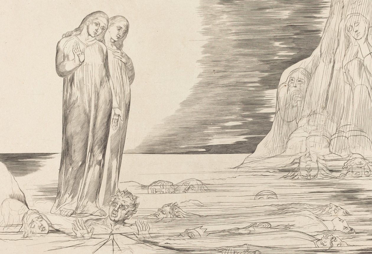 Il cerchio dei traditori, il piede di Dante colpisce Bocca degli Abbate da William Blake