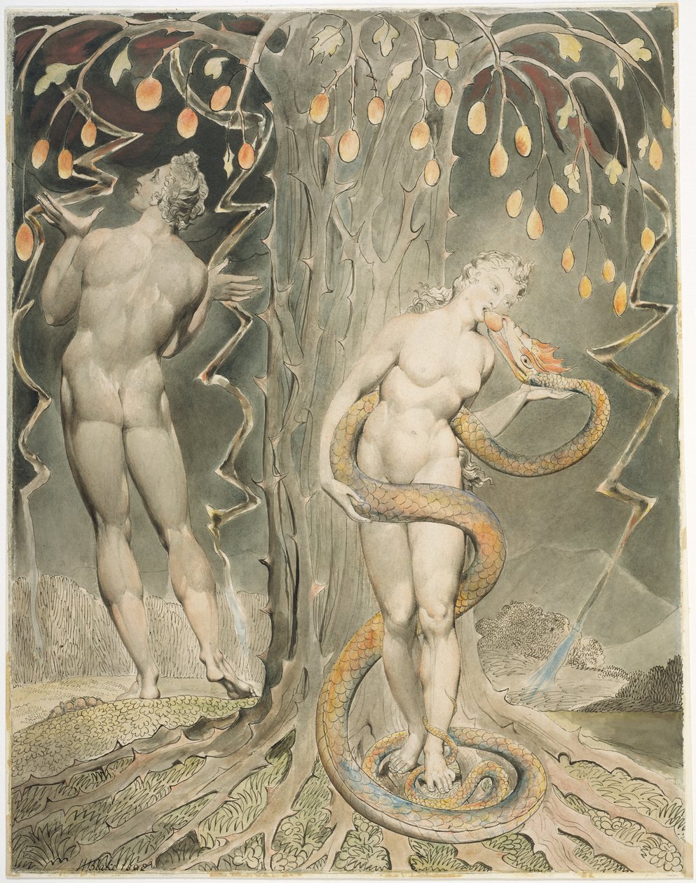 La tentazione e la caduta di Eva (illustrazione tratta dal “Paradiso perduto” di Milton) da William Blake