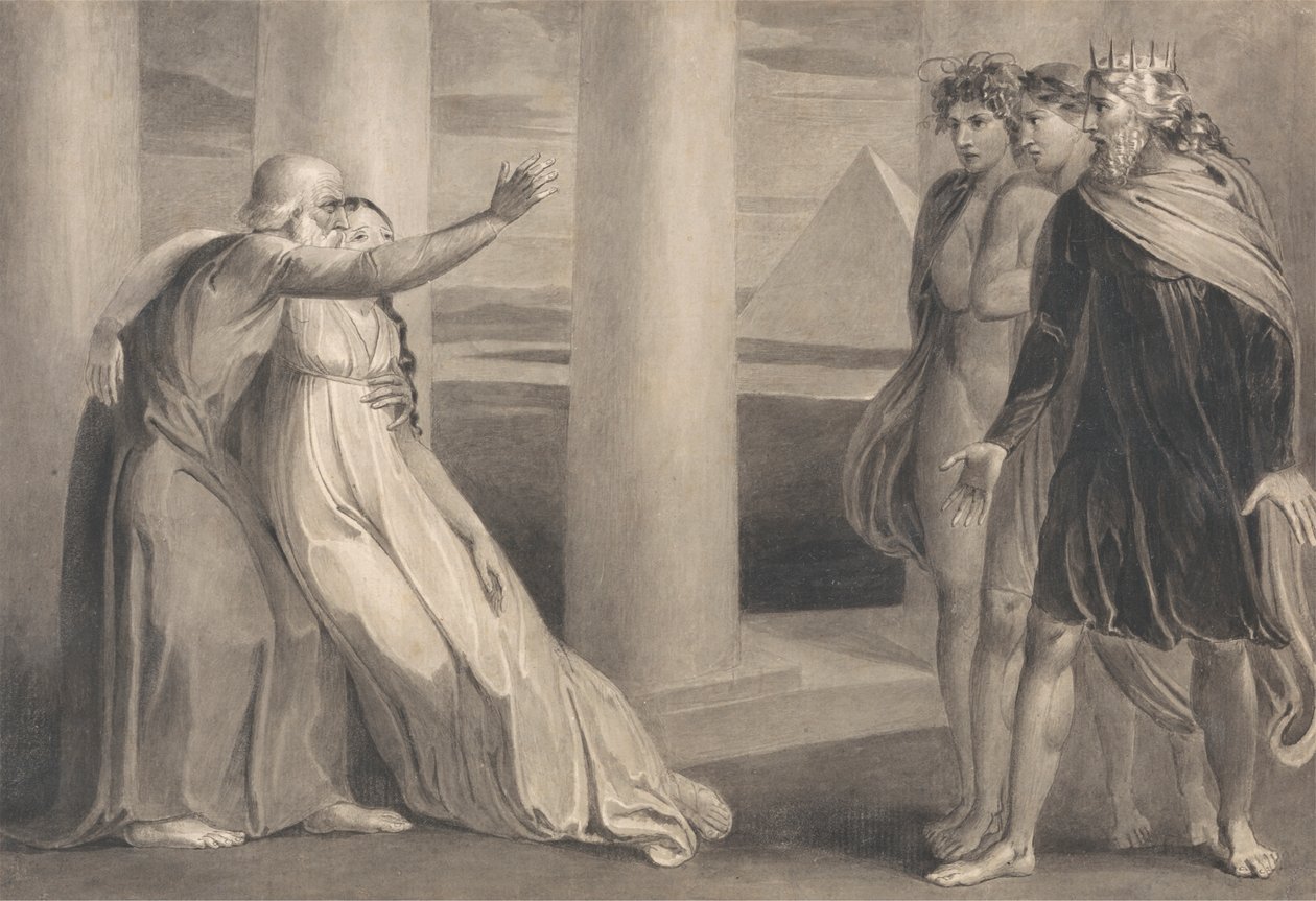 Tiriel che sostiene la morente Myratana e maledice i suoi figli da William Blake
