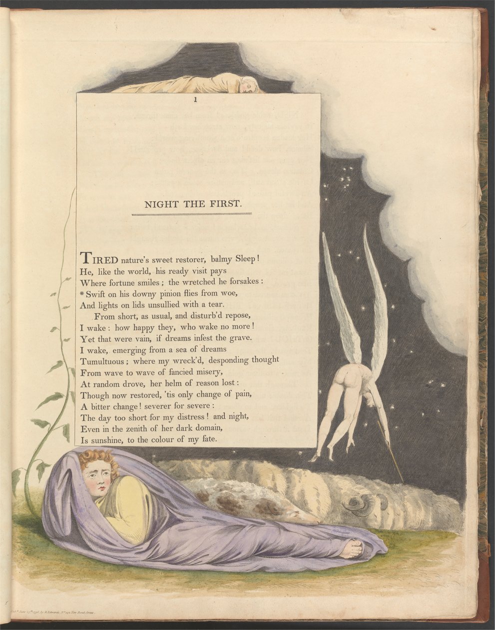 Pensieri Notturni di Young, Pagina 1, "Vola Rapido sulla Sua Piuma Soffice dal Dolore" da William Blake