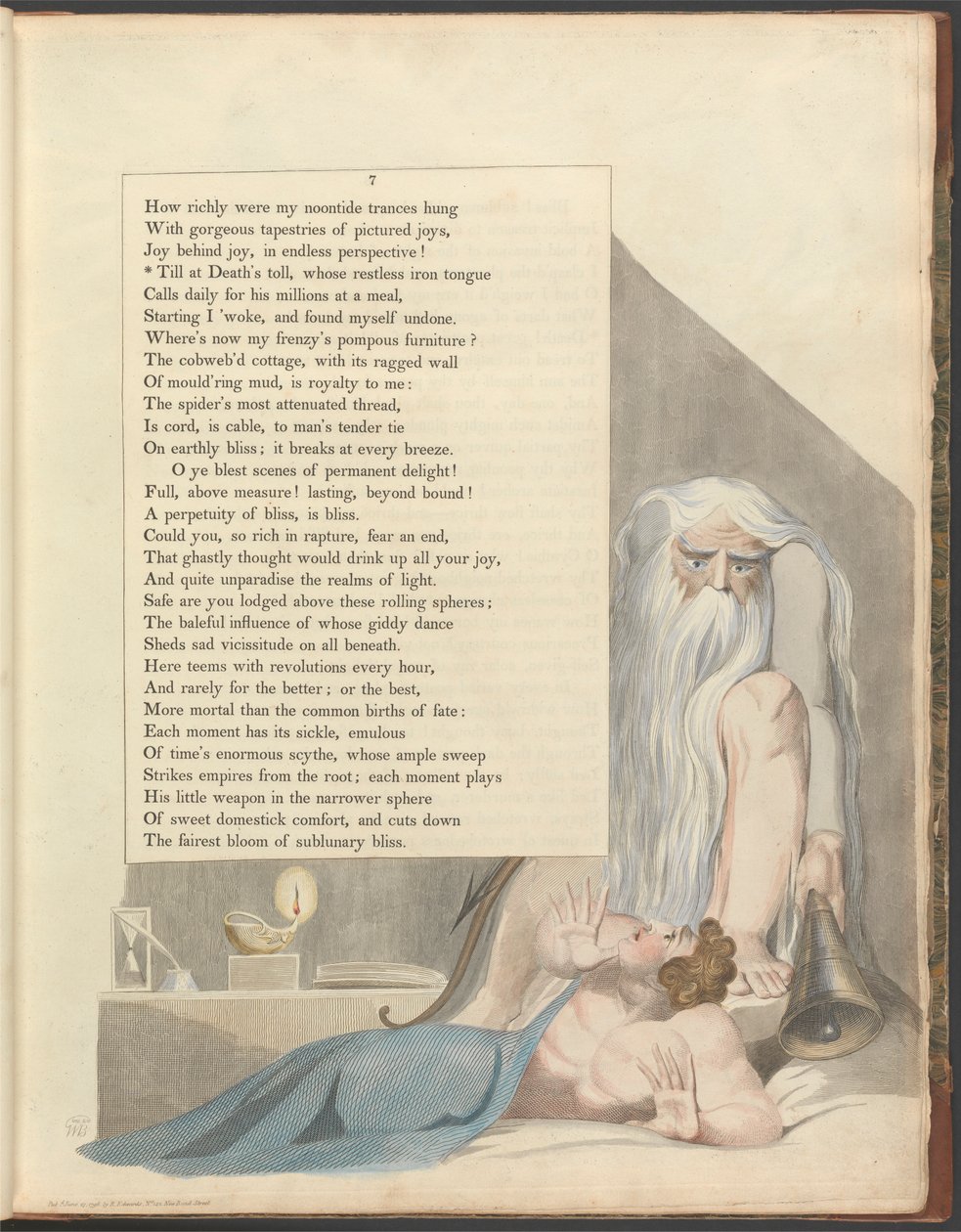 Pensieri notturni di Young, Pagina 7, "Fino al rintocco della morte, la cui lingua di ferro irrequieta" da William Blake