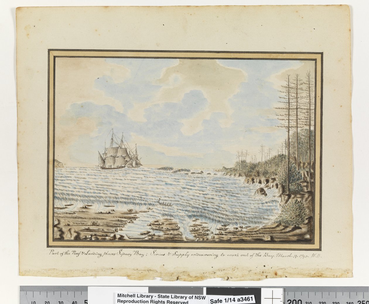 Opp. p. 194. `Parte della barriera corallina e luoghi di sbarco Sydney Bay; Sirius e Supply che cercano di uscire dalla baia. 19 marzo 1790