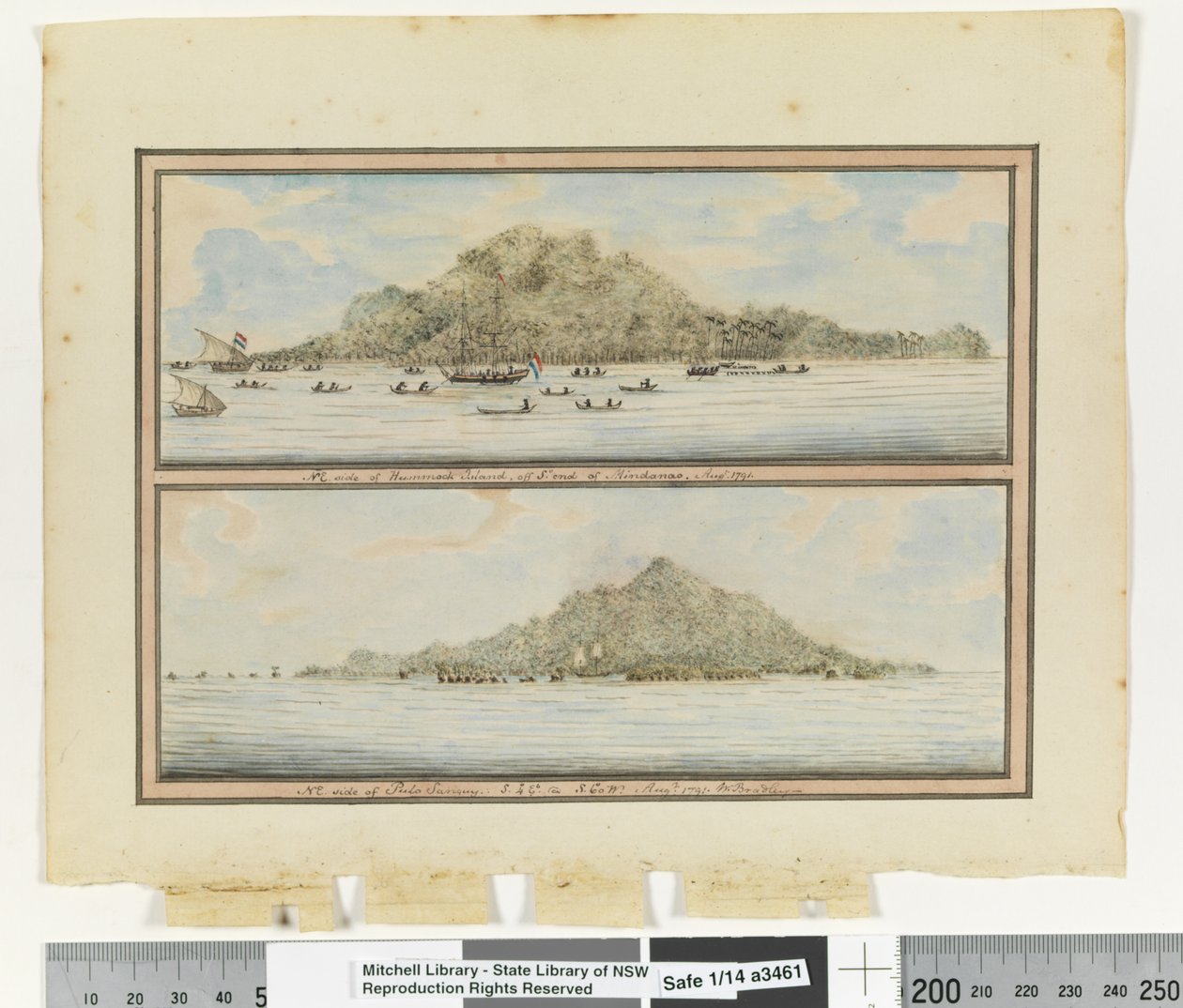 Lato NE di Hummock Island, al largo della punta sud di Mindanoo, agosto 1791; lato NE di Pulo Sanguy, S 4 gradi E e S 60 gradi O, agosto 1791, c.1802 da William Bradley
