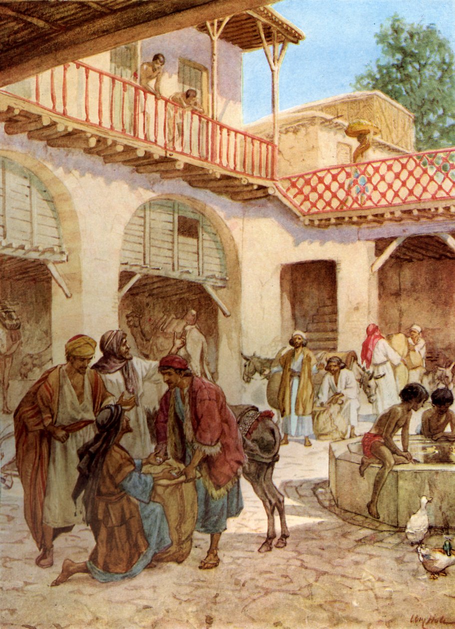 I fratelli di Giuseppe alla locanda. Il denaro di ogni uomo nel suo sacco. - Bibbia da William Brassey Hole