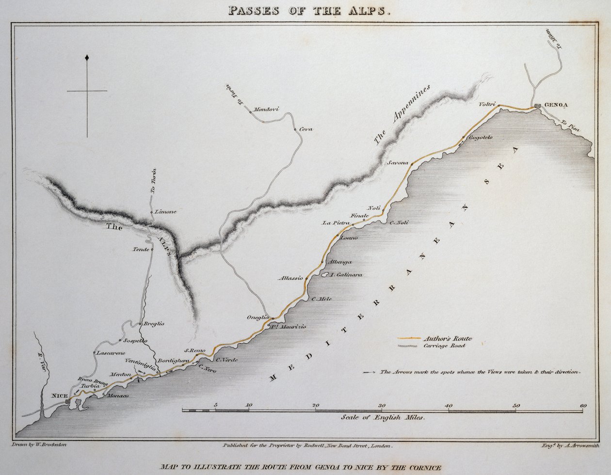 Mappa dei passi sulle Alpi Marittime, strada costiera tra Genova e Nizza, da Illustrations of the passes of the Alps by which Italy communicates with France, Switzerland and Germany, di William Brockedon (1787-1854) da William Brockedon