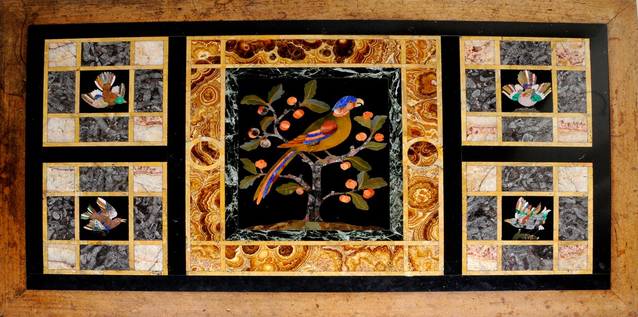 Dettaglio di un tavolo con piano in marmo (quercia e marmo) da William Burges