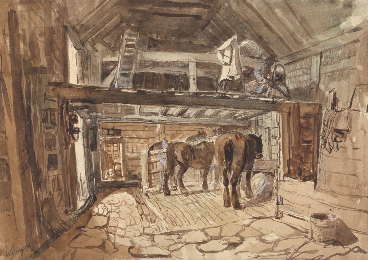 Interno di una stalla, con due cavalli che si nutrono da William Burgess