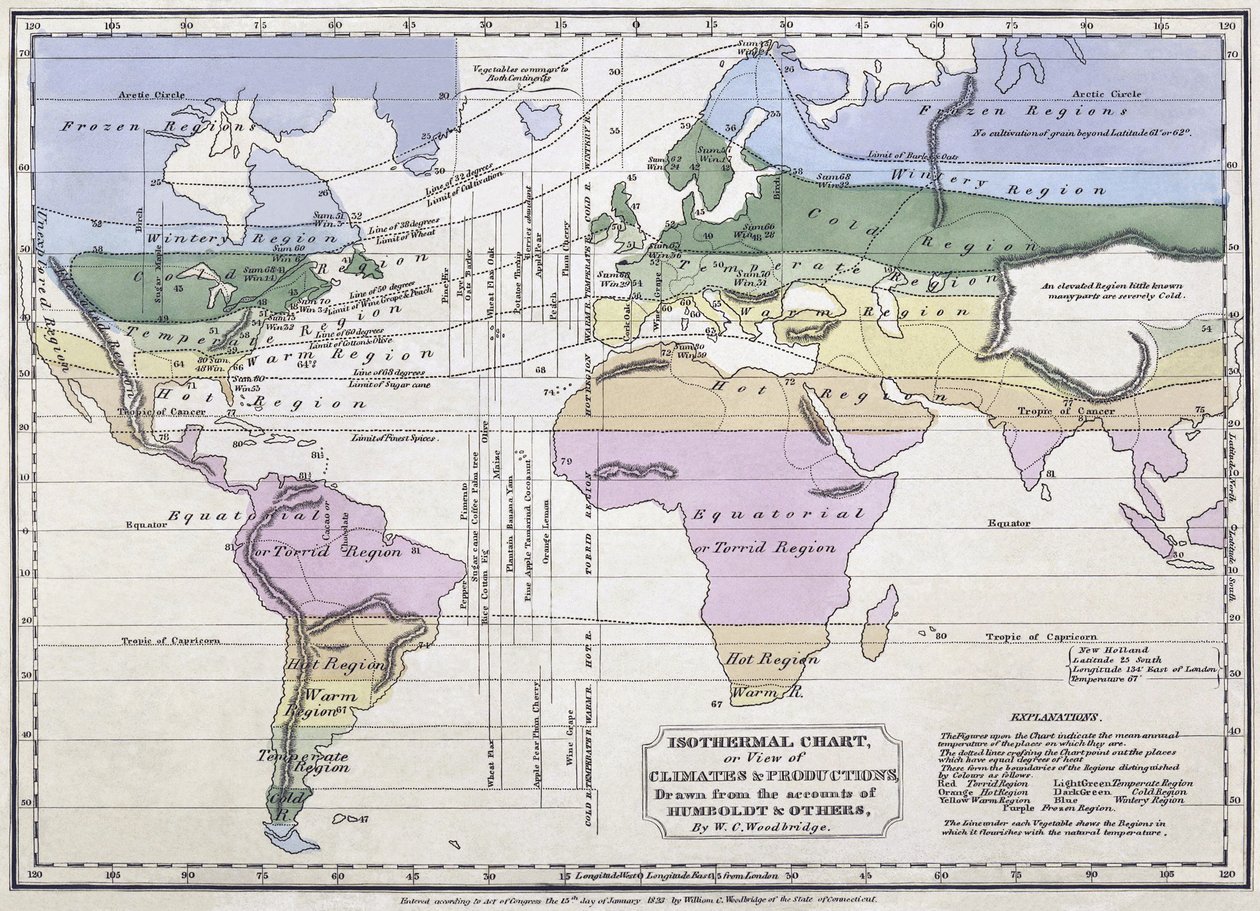 Carta isoterma, o, vista dei climi e delle produzioni, illustrazione da Accounts di Alexander von Humboldt, 1823 da William C. Woodbridge
