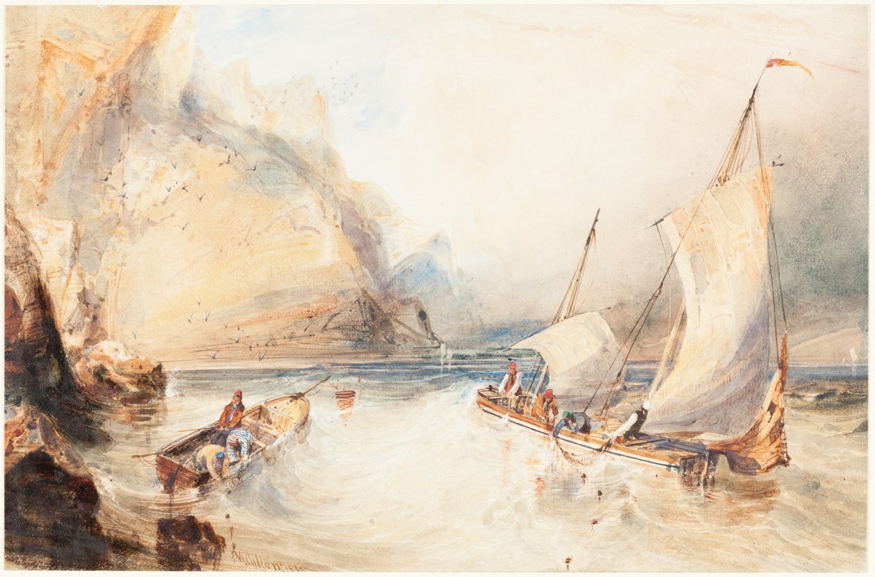 Pescherecci francesi al largo di una costa rocciosa da William Callow