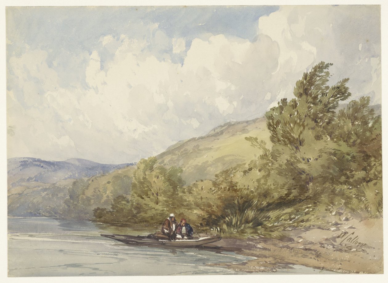 Paesaggio collinare con un lago e una barca con due figure da William Callow
