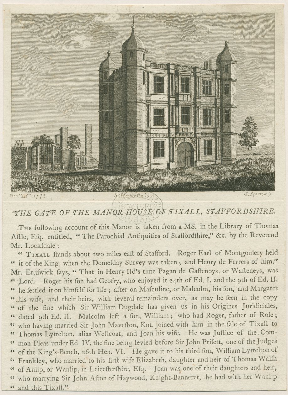 Tixall Hall - Portineria (incisione) da William Carter