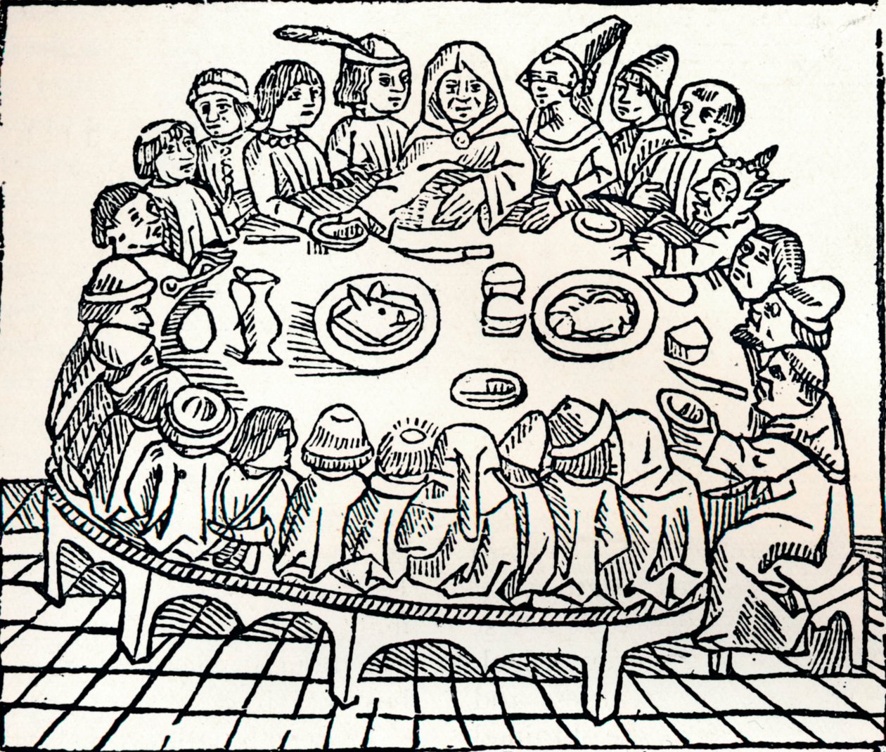 I pellegrini di Canterbury seduti per un pasto condiviso da William Caxton