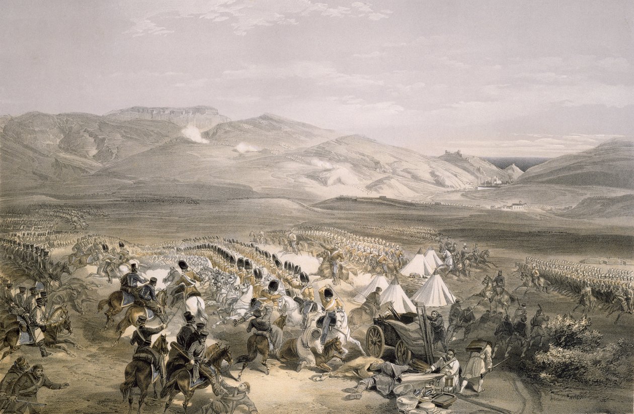 Carica della Brigata di Cavalleria Pesante alla Battaglia di Balaclava il 25 ottobre 1854, inciso da E. Walker, pub. 1855 da William Crimea Simpson