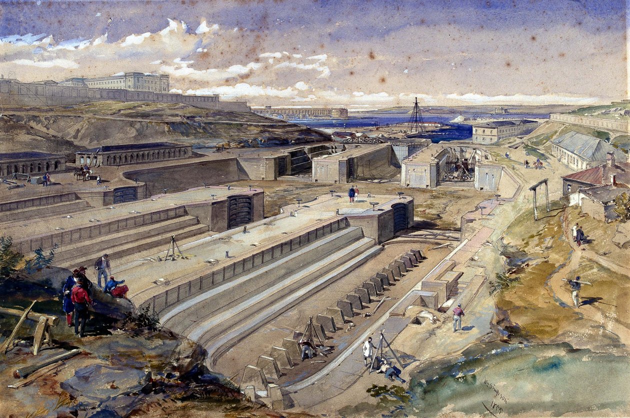 Darsene a Sebastopoli con le rovine del Forte San Paolo da William Crimea Simpson